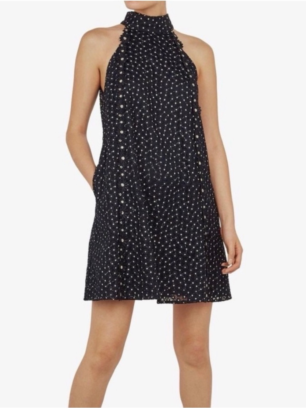 Ted Baker Blue Flower Polka Dot Halter Mini Dress with Pockets Size 4
